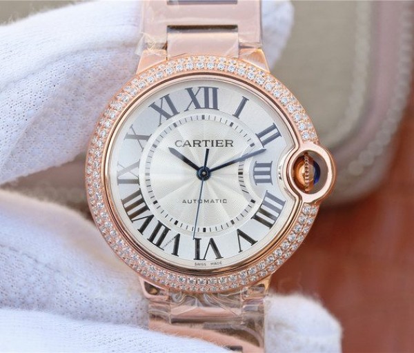 Cartier Ballon Bleu 36mm RG White Textured Dial Diamond Bezel