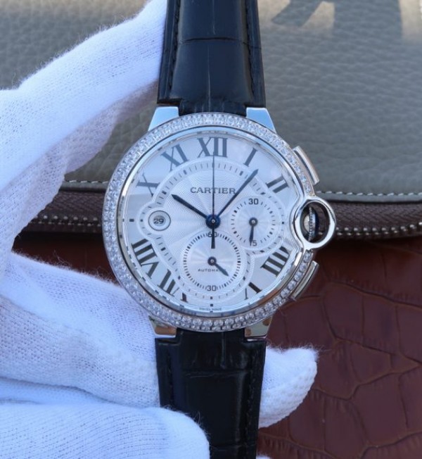 Cartier Ballon Bleu De Cartier Chrono SS White Dial Diamonds Bezel A8101