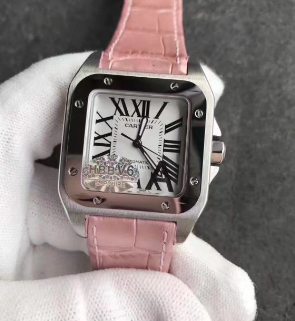 Cartier Santos 100 33mm SS White Dial Pink Leather Strap SEIKO NH05A