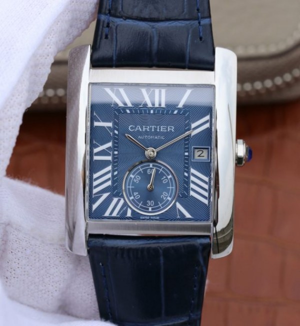 Cartier Tank MC SS Blue Textured Dial Blue Leather Strap