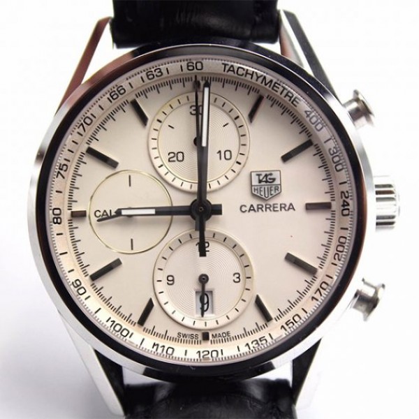 Tag Heuer Carrera CAL1887 Chrono 40mm SS White Dial Leather Strap A7750