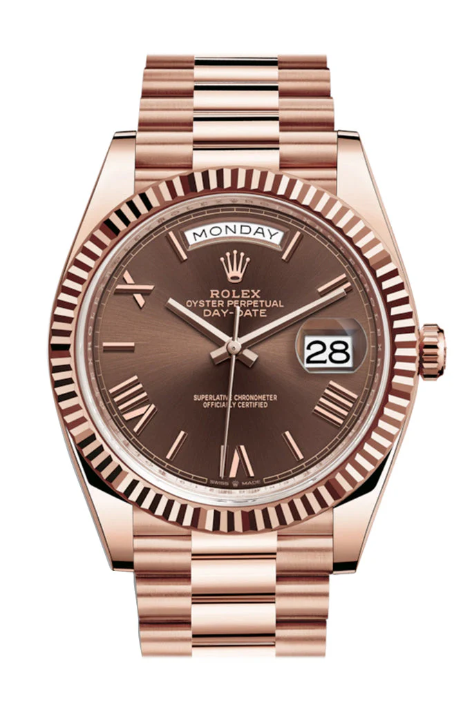 Rolex ROLEX DAY DATE BROWN DIAL 18K ROSE GOLD 40MM SWISS REPLICA 228235.9 vs The Original: A Detailed Comparison